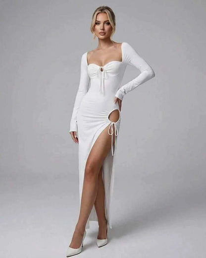 White Satin Bodycon Round Neck Long Sleeve Maxi Dress | Formal Occasions & Night Out, front view | Ramblion | SKU: AMD-583920481-white-L-7612,AMD-583920481-white-M-4505,AMD-583920481-white-S-6080,AMD-583920481-white-XL-1902,AMD-583920481-white-XS-4948