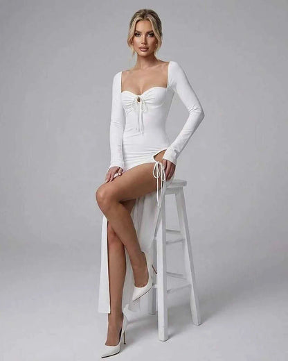 White Satin Bodycon Round Neck Long Sleeve Maxi Dress | Formal Occasions & Night Out, front view | Ramblion | SKU: AMD-583920481-white-L-7612,AMD-583920481-white-M-4505,AMD-583920481-white-S-6080,AMD-583920481-white-XL-1902,AMD-583920481-white-XS-4948