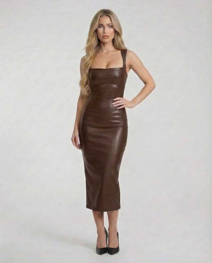Jadu Midi Dress in rich brown faux leather, square neck, elegant style for confident occasions by RAMBLION.