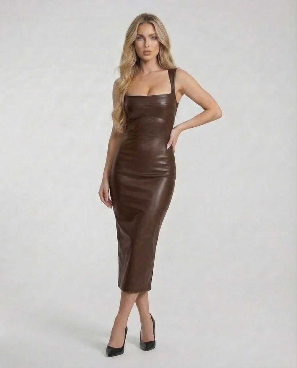 Jadu Midi Dress in rich brown faux leather, square neck design, perfect for confident styling on special occasions.