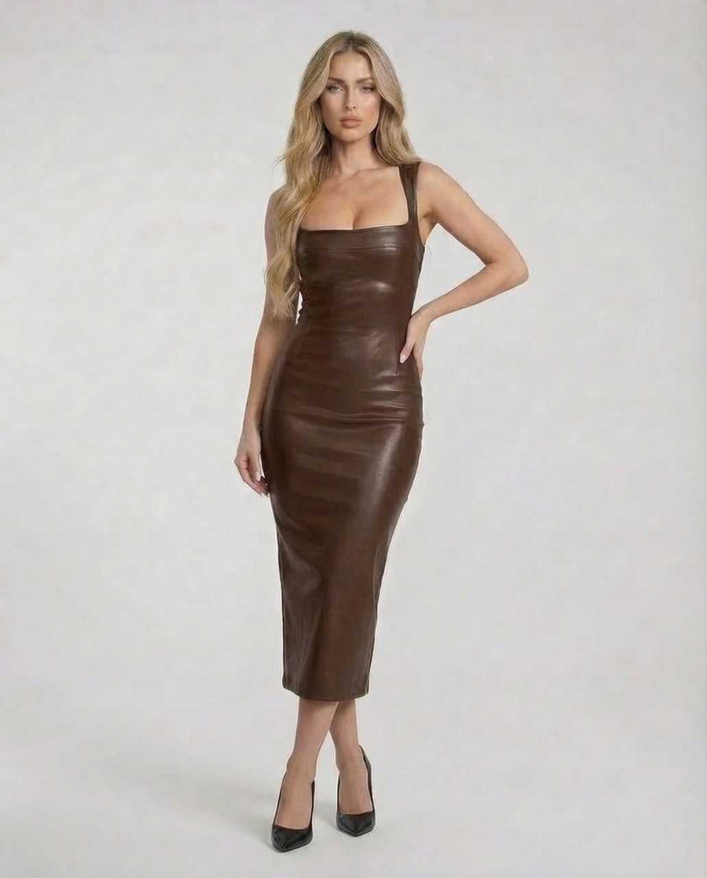 Jadu Midi Dress by RAMBLION, brown faux leather, square neck, elegant silhouette, perfect for stylish occasions.