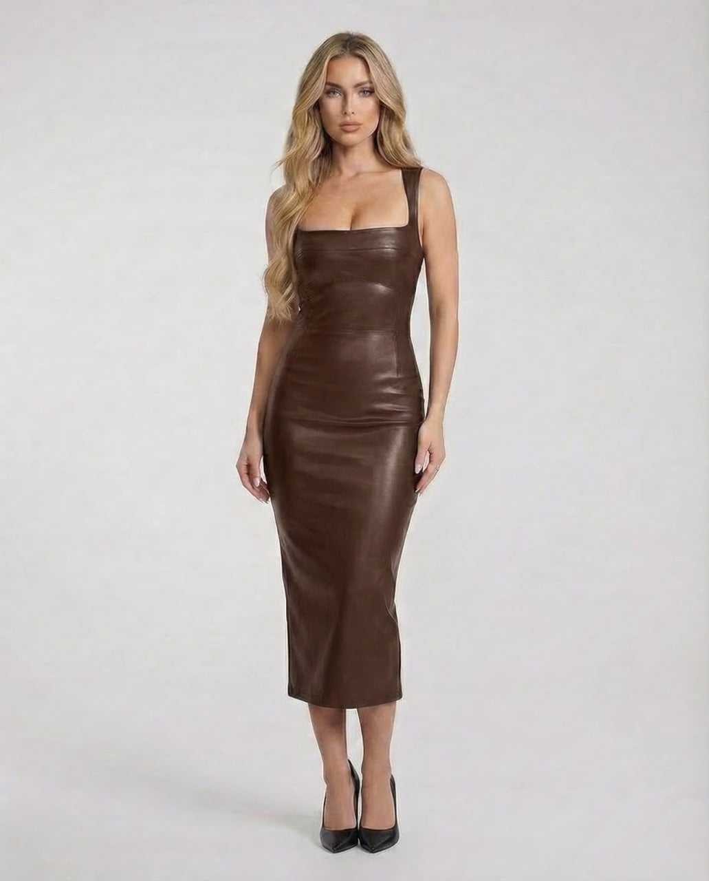 Jadu Midi Dress by RAMBLION, elegant brown faux leather, square neck, flattering silhouette for stylish occasions.