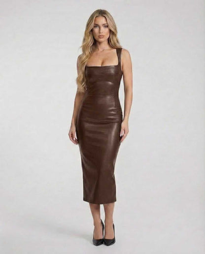 Jadu Midi Dress by RAMBLION, elegant brown faux leather, square neck, flattering silhouette for stylish occasions.