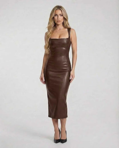 Brown Mesh Bodycon Square Neck Sleeveless Midi Dress | Evening Events & Celebrations, front view | Ramblion | SKU: CMD-592837465-brown-L-4753,CMD-592837465-brown-M-7914,CMD-592837465-brown-S-4464,CMD-592837465-brown-XL-1939,CMD-592837465-brown-XS-2723