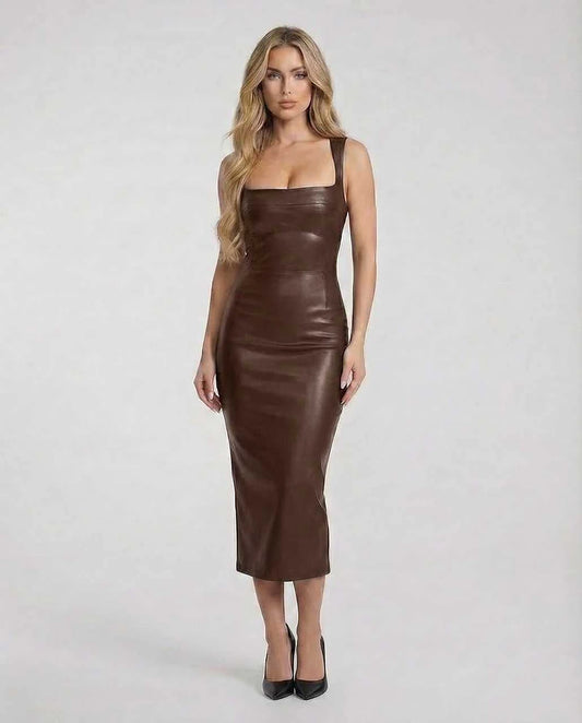 Brown Mesh Bodycon Square Neck Sleeveless Midi Dress | Evening Events & Celebrations, front view | Ramblion