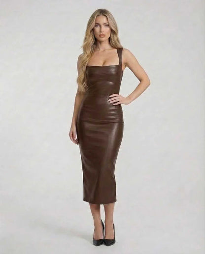 Brown Mesh Bodycon Square Neck Sleeveless Midi Dress | Evening Events & Celebrations, front view | Ramblion | SKU: CMD-592837465-brown-L-4753,CMD-592837465-brown-M-7914,CMD-592837465-brown-S-4464,CMD-592837465-brown-XL-1939,CMD-592837465-brown-XS-2723