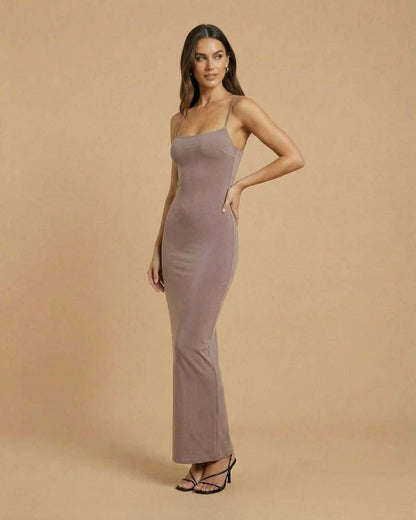 Jady Maxi Dress, beige ankle-length with round neck, elegant fit for special occasions, RAMBLION brand.