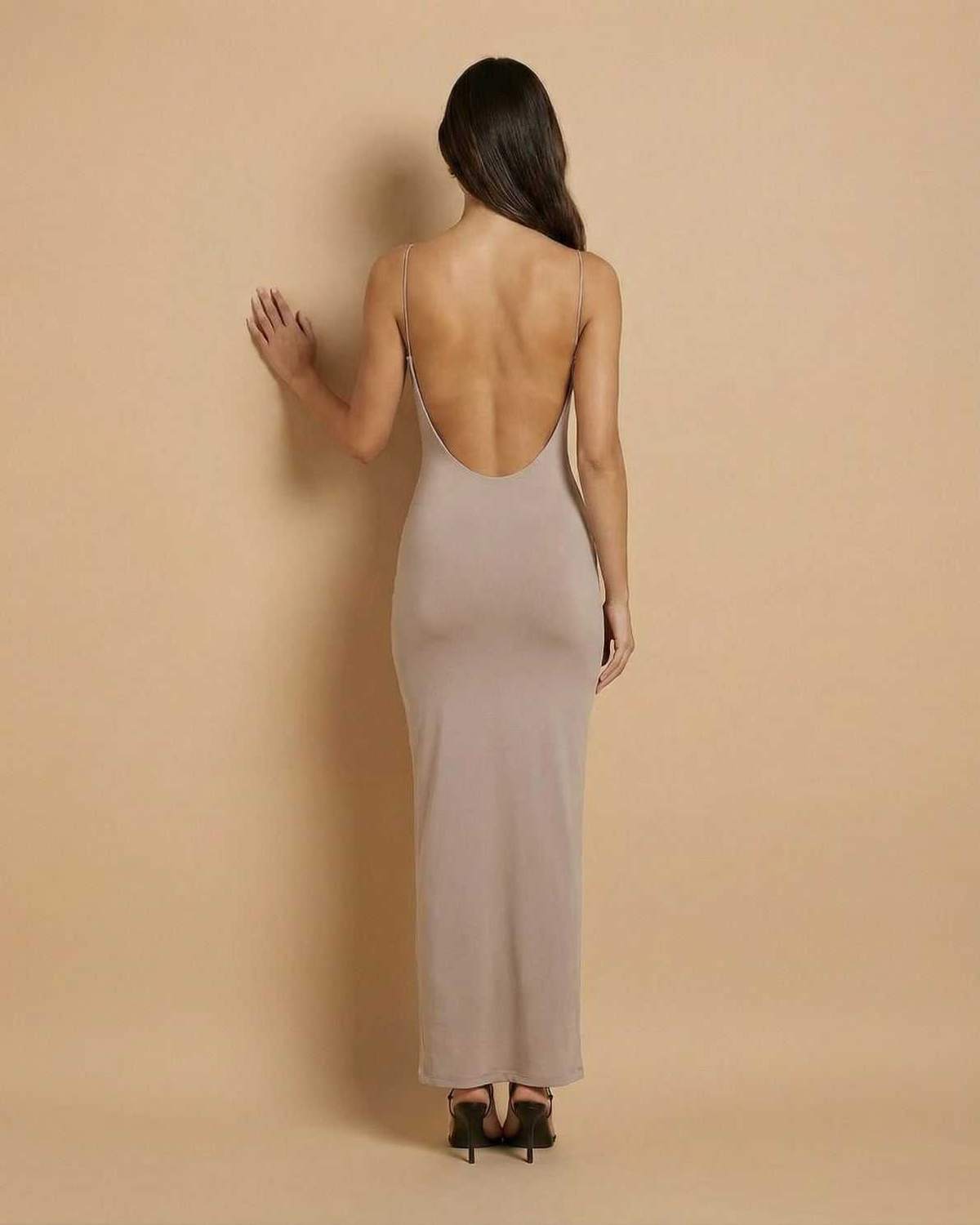 Jady Maxi Dress back view, beige ankle-length, soft fabric, elegant look for special occasions by RAMBLION.
