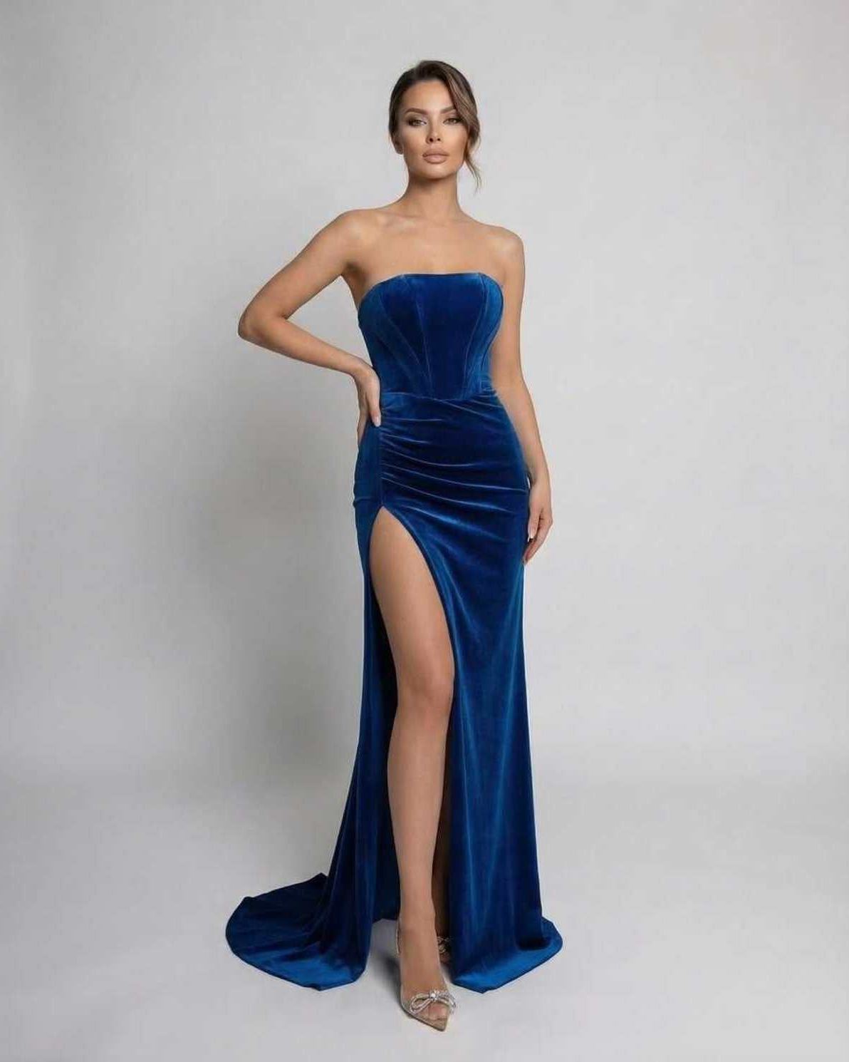Jara Maxi Dress in stunning blue velvet, strapless, elegant design perfect for formal occasions by RAMBLION.