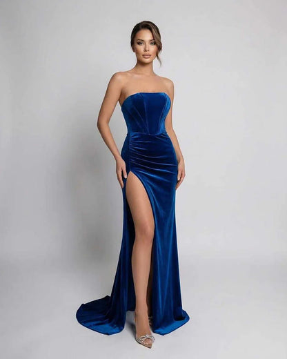 Blue Velvet Gown Square Neck Sleeveless Maxi Dress | Black-Tie Events, Night Out, Bridal Showers & Daily Wear, front view | R | SKU: CMX-582946731-blue-L-5469,CMX-582946731-blue-M-7486,CMX-582946731-blue-S-6451,CMX-582946731-blue-XL-3693,CMX-582946731-blue-XS-4459