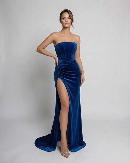 Blue Velvet Gown Square Neck Sleeveless Maxi Dress | Black-Tie Events, Night Out, Bridal Showers & Daily Wear, front view | R | SKU: CMX-582946731-blue-L-5469,CMX-582946731-blue-M-7486,CMX-582946731-blue-S-6451,CMX-582946731-blue-XL-3693,CMX-582946731-blue-XS-4459
