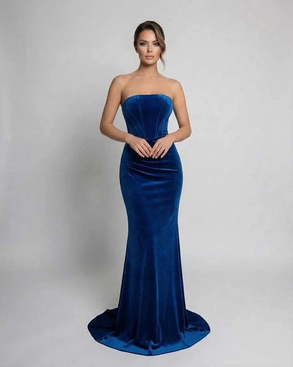 Blue Velvet Gown Square Neck Sleeveless Maxi Dress | Black-Tie Events, Night Out, Bridal Showers & Daily Wear, front view | R | SKU: CMX-582946731-blue-L-5469,CMX-582946731-blue-M-7486,CMX-582946731-blue-S-6451,CMX-582946731-blue-XL-3693,CMX-582946731-blue-XS-4459