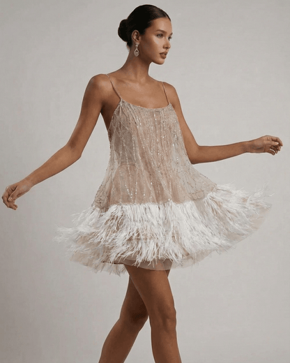 Jara Mini Dress by RAMBLION, feathered, shimmering, elegant for celebratory occasions, light and airy design.
