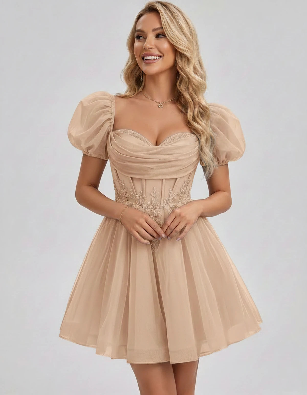 Jasminne Mini Dresses — Champagne | SKU: RB-1b3eb1-champa2e-2,RB-1b3eb1-champa2e-4,RB-1b3eb1-champa2e-6,RB-1b3eb1-champa2e-8,RB-1b3eb1-champa2e-10,RB-1b3eb1-champa2e-12,RB-1b3eb1-champa2e-14,RB-1b3eb1-champa2e-16,RB-1b3eb1-champa2e-16W,RB-1b3eb1-champa2e-18W,RB-1b3eb1-champa2e-20W,RB-1b3eb1-champa2e-22W