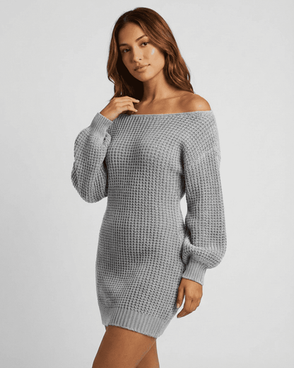 Jess Mini Dress in grey ribbed knit, off-the-shoulder, stylish comfort, perfect for casual occasions by RAMBLION.