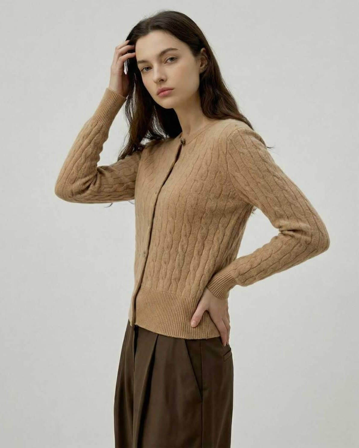 Jove Cardigan by RAMBLION in soft brown cotton, featuring classic cable knit design, perfect for office or weekend wear.