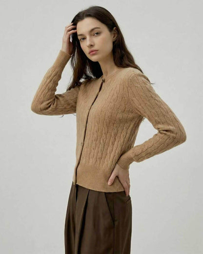 Jove Cardigan by RAMBLION in soft brown cotton, featuring classic cable knit design, perfect for office or weekend wear.
