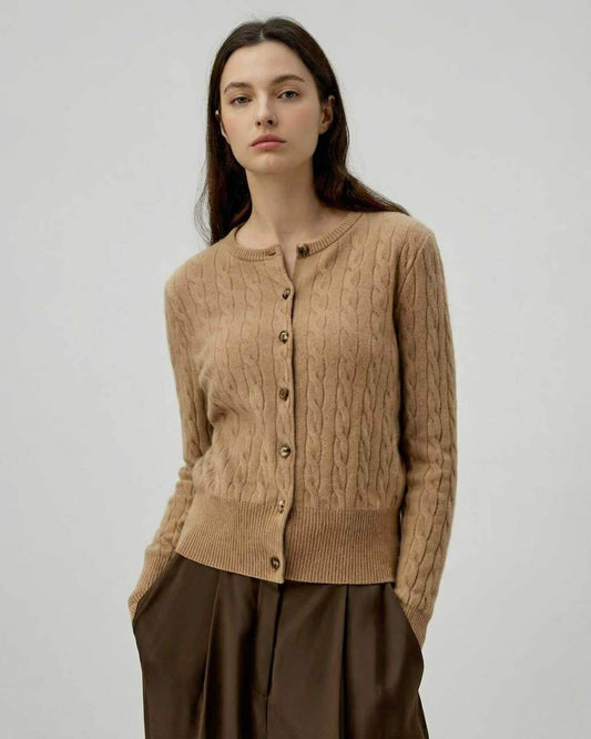 Jove Cardigan by RAMBLION, brown cable knit, soft cotton blend, perfect for office or weekend outings.