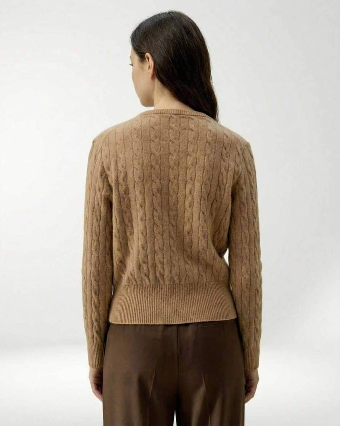 Jove Cardigan from RAMBLION in soft brown cable knit, perfect for office or casual outings, featuring a refined fit.