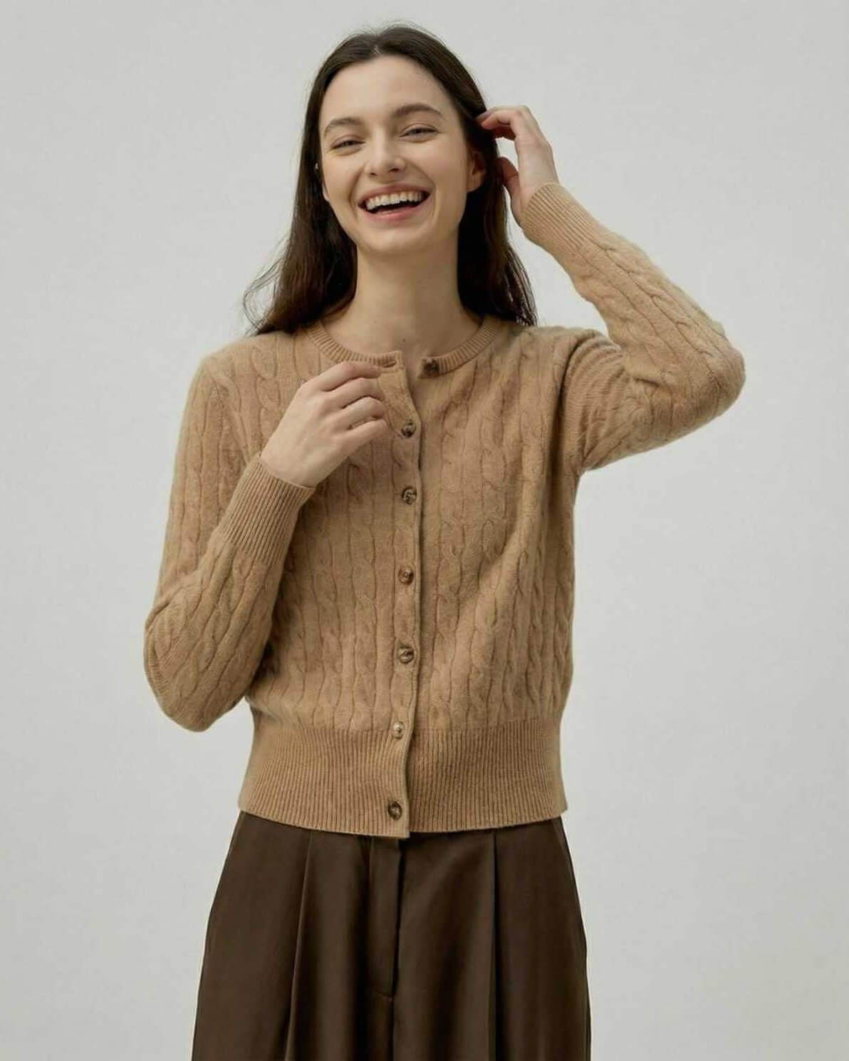 Jove Cardigan by RAMBLION, brown cable knit, soft cotton blend, elegant for office or weekend outings.
