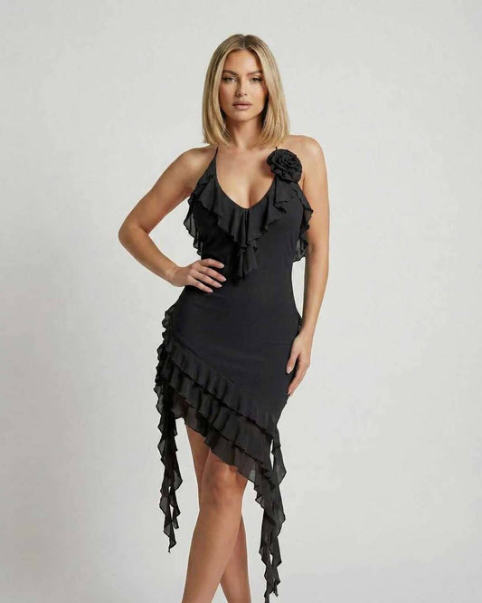 Juni Mini Dress by RAMBLION, black halter dress with ruffles, asymmetrical hem, perfect for formal occasions.