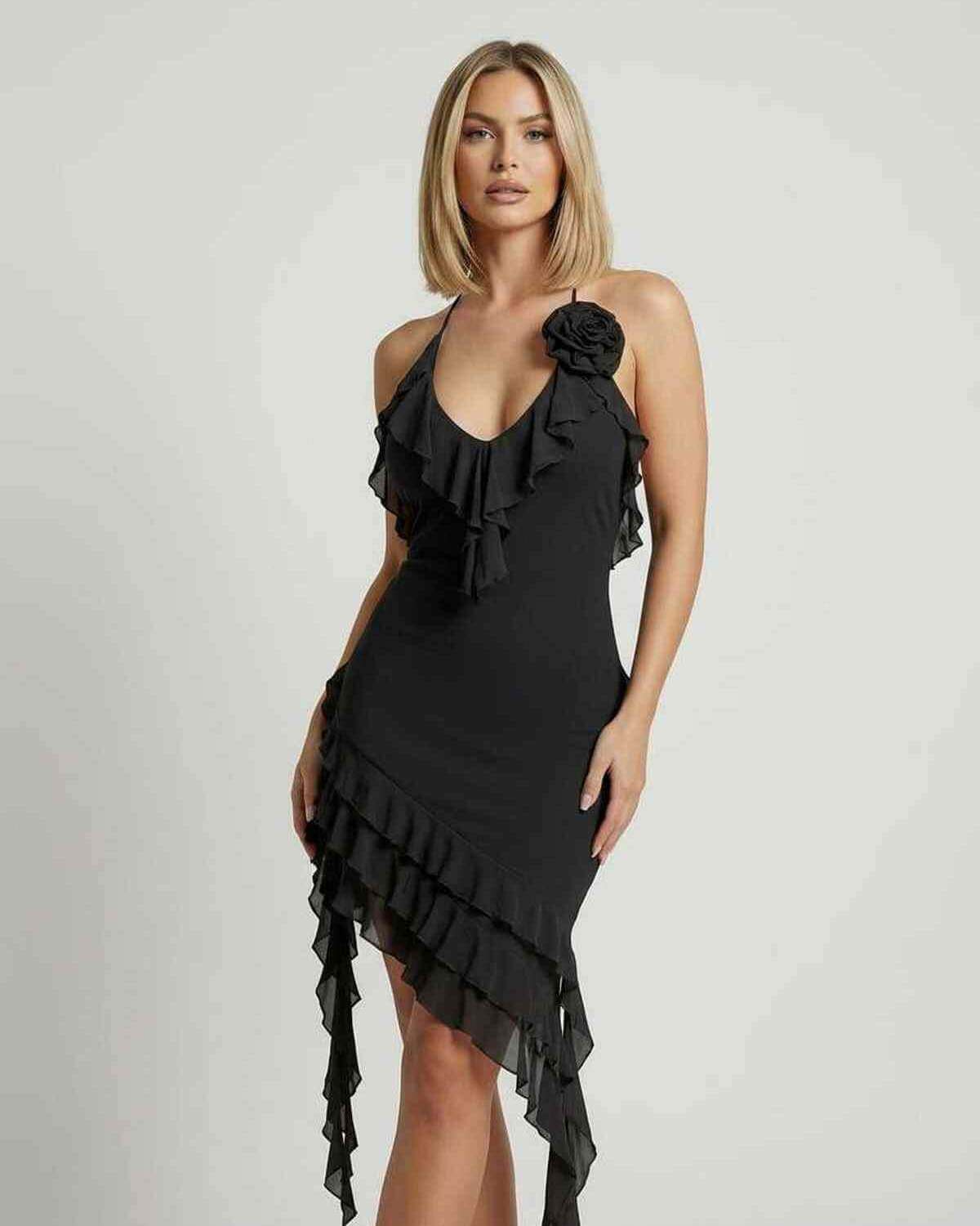 Juni Mini Dress by RAMBLION, black halter mini dress with ruffled accents, perfect for formal occasions.