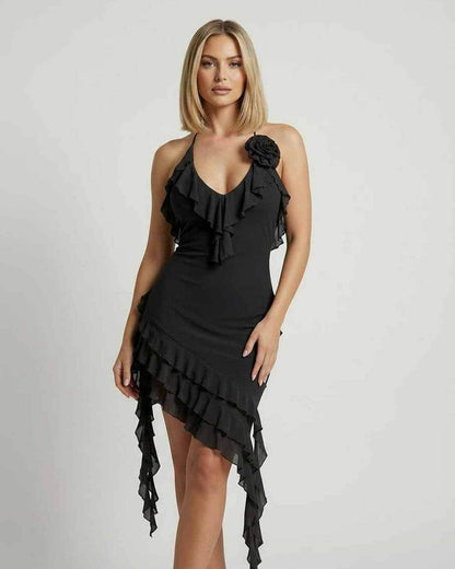 Juni Mini Dress by RAMBLION, black polyester, halter style, ruffled accents, perfect for formal occasions.