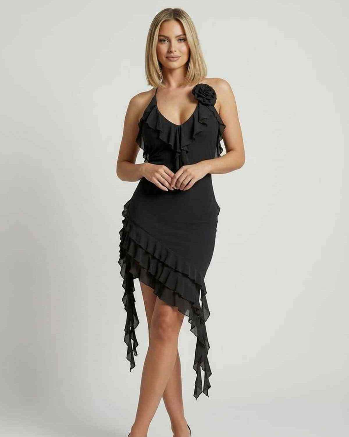 Juni Mini Dress by RAMBLION, black polyester, halter, chic ruffled design, perfect for formal occasions.