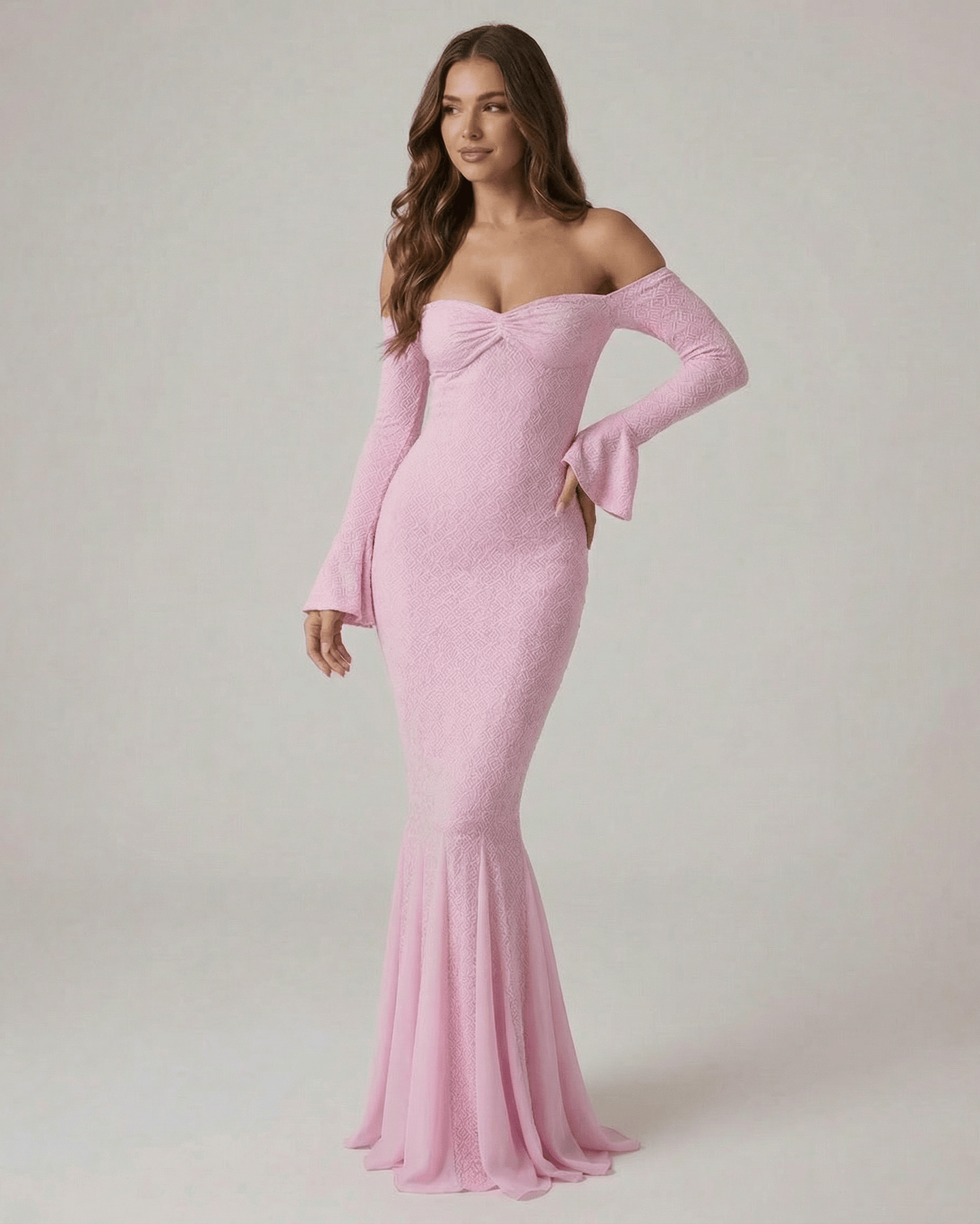 Pink Cotton Mermaid Wrap Neck Long Sleeve Maxi Dress | Formal Occasions & Night Out, front view | Ramblion | SKU: IMD-91436-pink-L-1840,IMD-91436-pink-M-5904,IMD-91436-pink-S-342,IMD-91436-pink-XL-7552,IMD-91436-pink-XS-1220