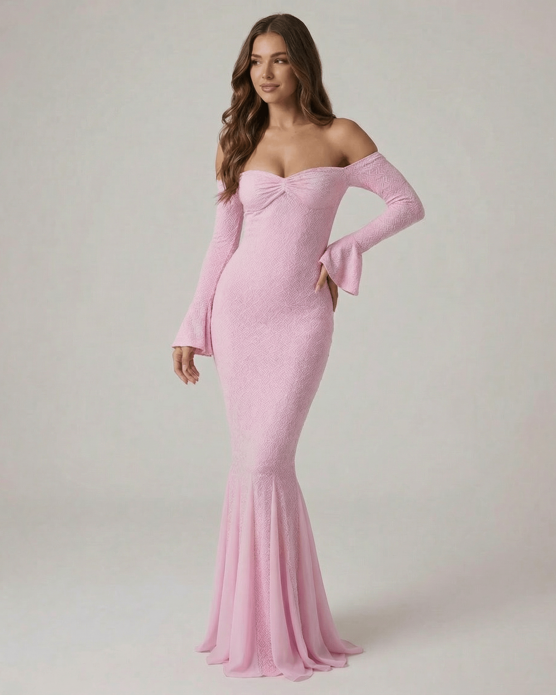 Pink Cotton Mermaid Wrap Neck Long Sleeve Maxi Dress | Formal Occasions & Night Out, front view | Ramblion | SKU: IMD-91436-pink-L-1840,IMD-91436-pink-M-5904,IMD-91436-pink-S-342,IMD-91436-pink-XL-7552,IMD-91436-pink-XS-1220