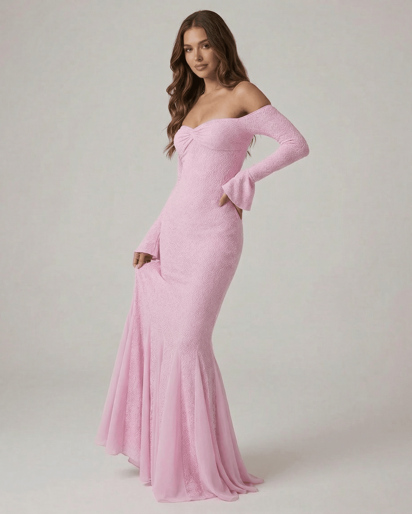 Pink Cotton Mermaid Wrap Neck Long Sleeve Maxi Dress | Formal Occasions & Night Out, side view | Ramblion | SKU: IMD-91436-pink-L-1840,IMD-91436-pink-M-5904,IMD-91436-pink-S-342,IMD-91436-pink-XL-7552,IMD-91436-pink-XS-1220