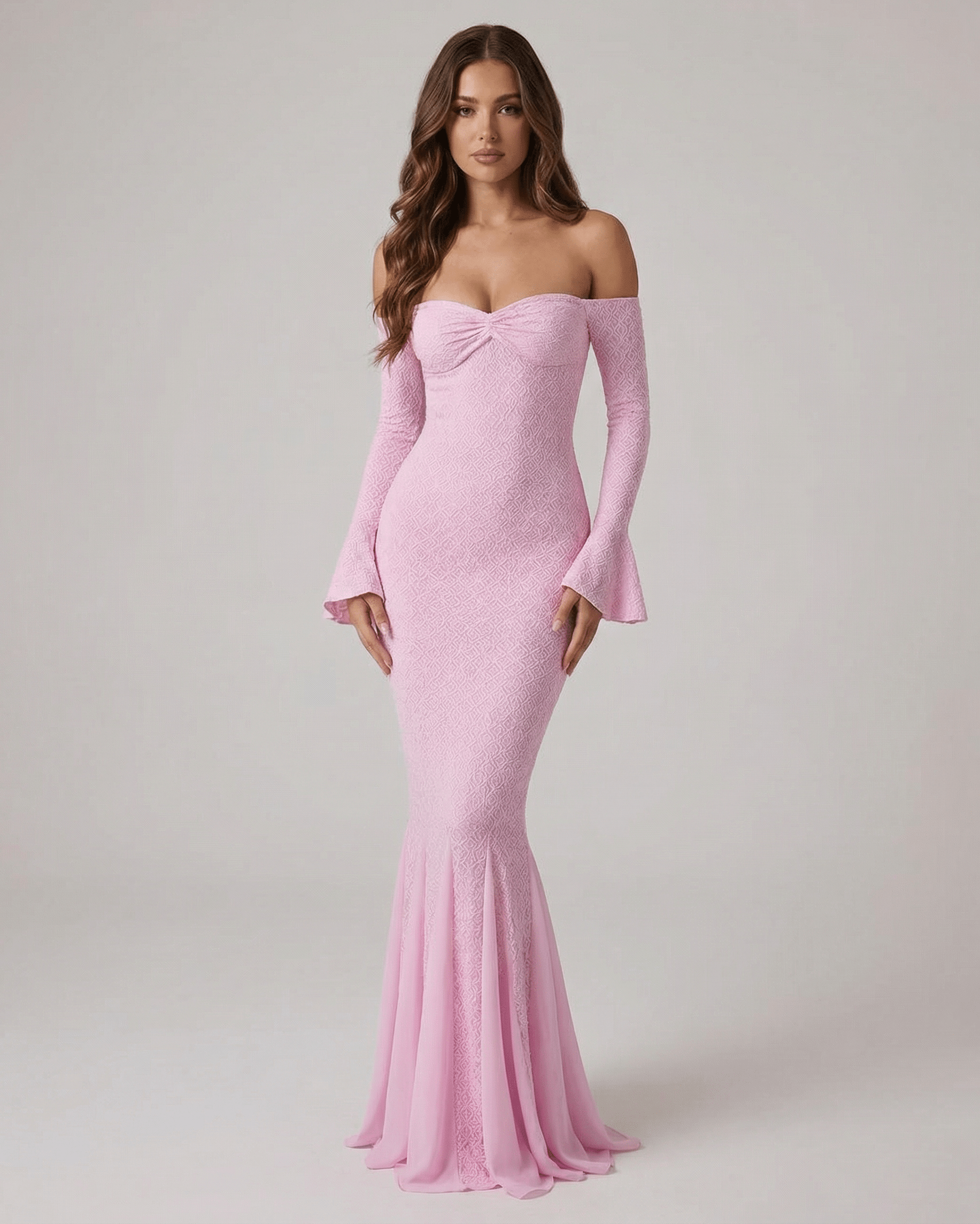Pink Cotton Mermaid Wrap Neck Long Sleeve Maxi Dress | Formal Occasions & Night Out, front view | Ramblion | SKU: IMD-91436-pink-L-1840,IMD-91436-pink-M-5904,IMD-91436-pink-S-342,IMD-91436-pink-XL-7552,IMD-91436-pink-XS-1220
