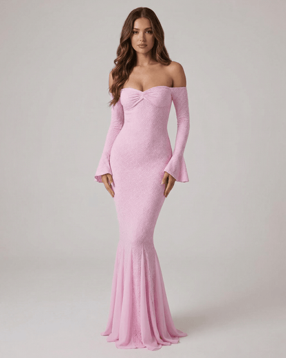 Pink Cotton Mermaid Wrap Neck Long Sleeve Maxi Dress | Formal Occasions & Night Out, front view | Ramblion | SKU: IMD-91436-pink-L-1840,IMD-91436-pink-M-5904,IMD-91436-pink-S-342,IMD-91436-pink-XL-7552,IMD-91436-pink-XS-1220