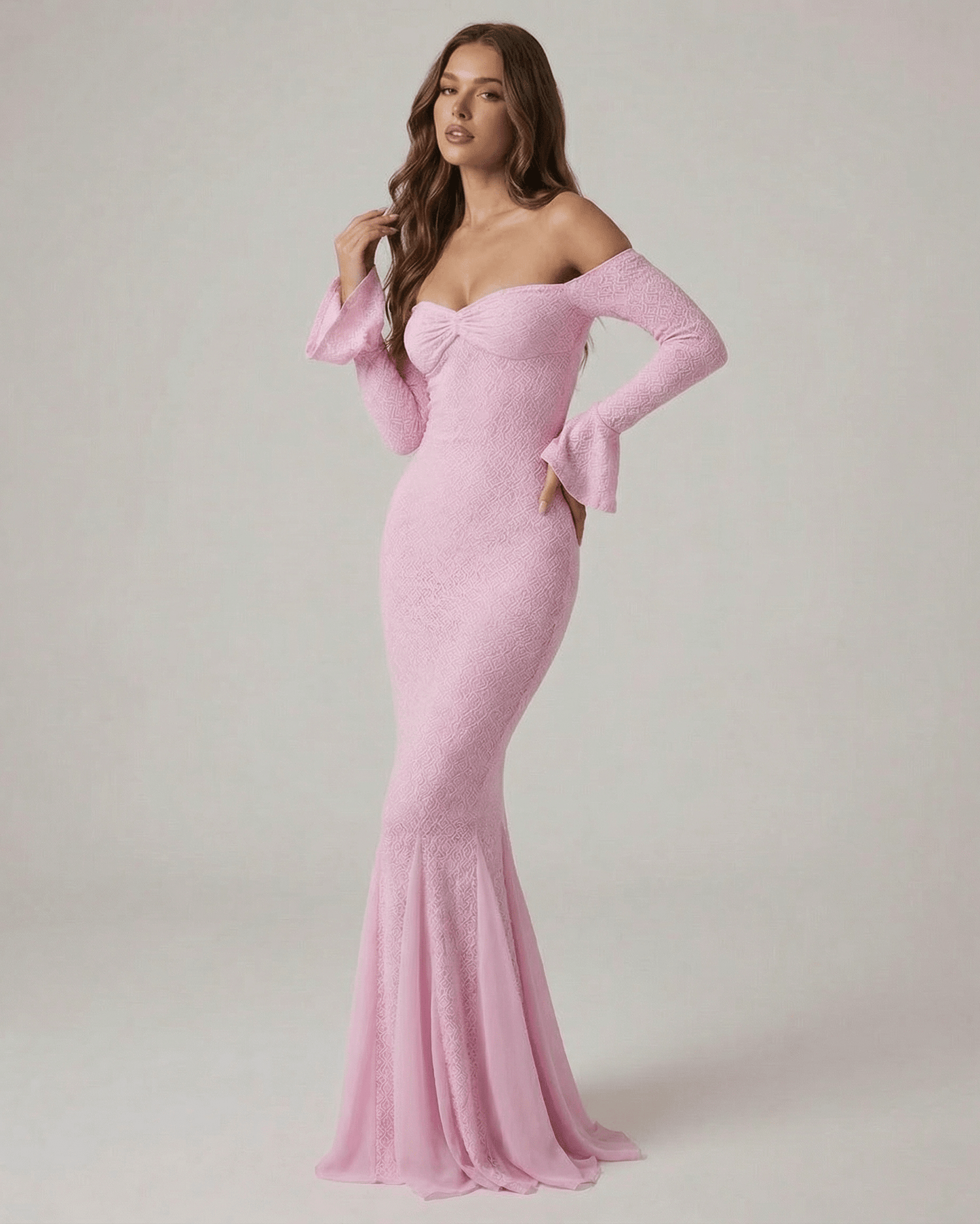 Pink Cotton Mermaid Wrap Neck Long Sleeve Maxi Dress | Formal Occasions & Night Out, side view | Ramblion | SKU: IMD-91436-pink-L-1840,IMD-91436-pink-M-5904,IMD-91436-pink-S-342,IMD-91436-pink-XL-7552,IMD-91436-pink-XS-1220