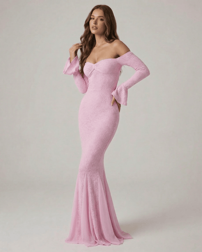 Pink Cotton Mermaid Wrap Neck Long Sleeve Maxi Dress | Formal Occasions & Night Out, side view | Ramblion | SKU: IMD-91436-pink-L-1840,IMD-91436-pink-M-5904,IMD-91436-pink-S-342,IMD-91436-pink-XL-7552,IMD-91436-pink-XS-1220