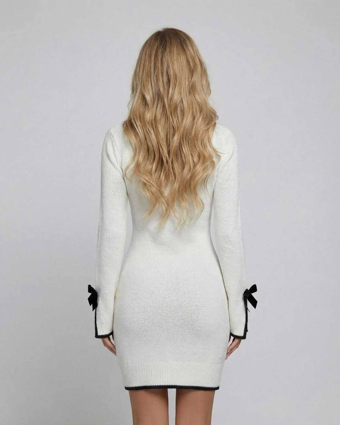 Back view of Kami Mini Dress, black trim, round neck, long sleeves, comfortable, chic, by RAMBLION.