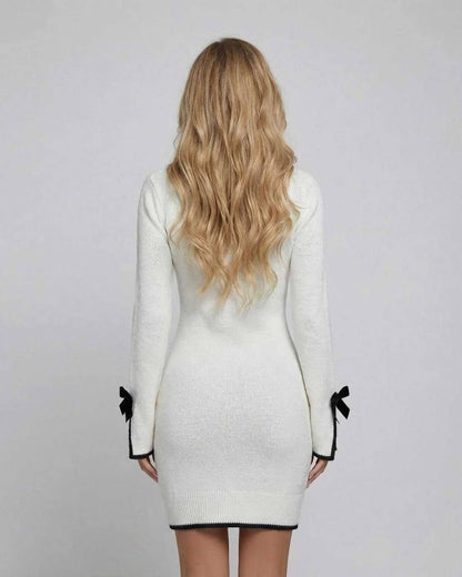 Back view of Kami Mini Dress, black trim, round neck, long sleeves, comfortable, chic, by RAMBLION.
