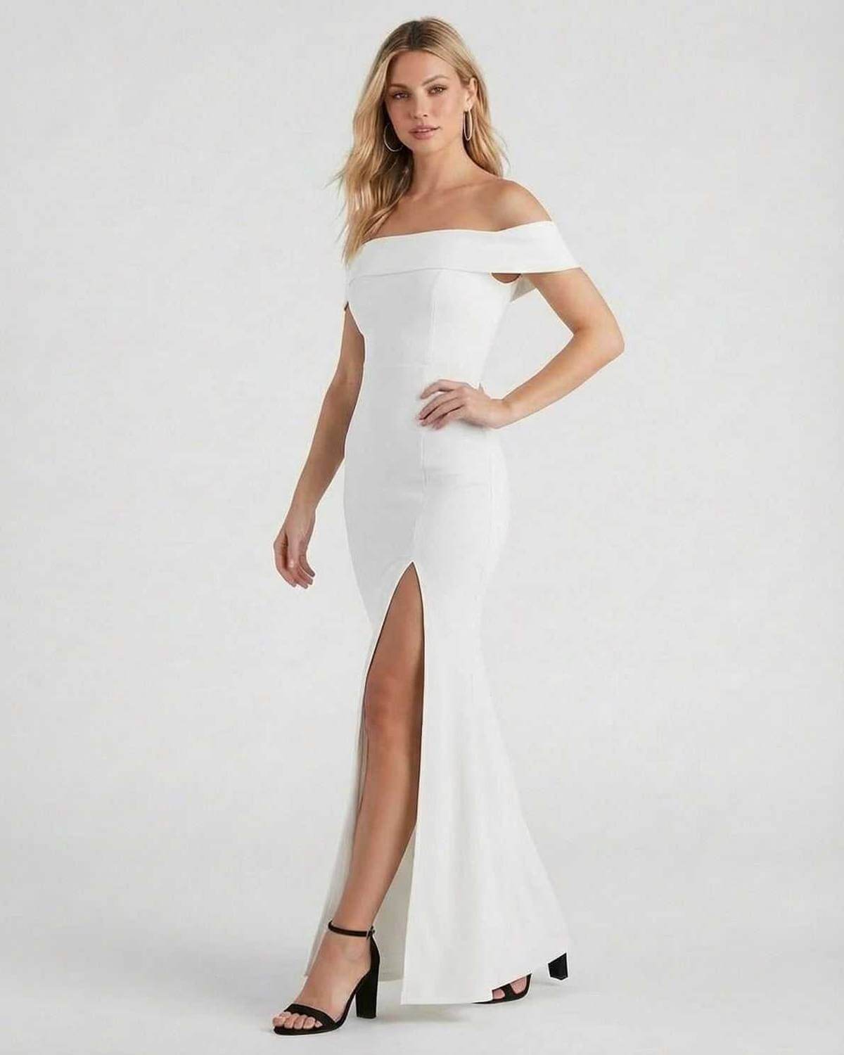 Keva Maxi Dress by RAMBLION, off-shoulder, white ankle-length for elegant occasions, showcasing chic style and polished look.