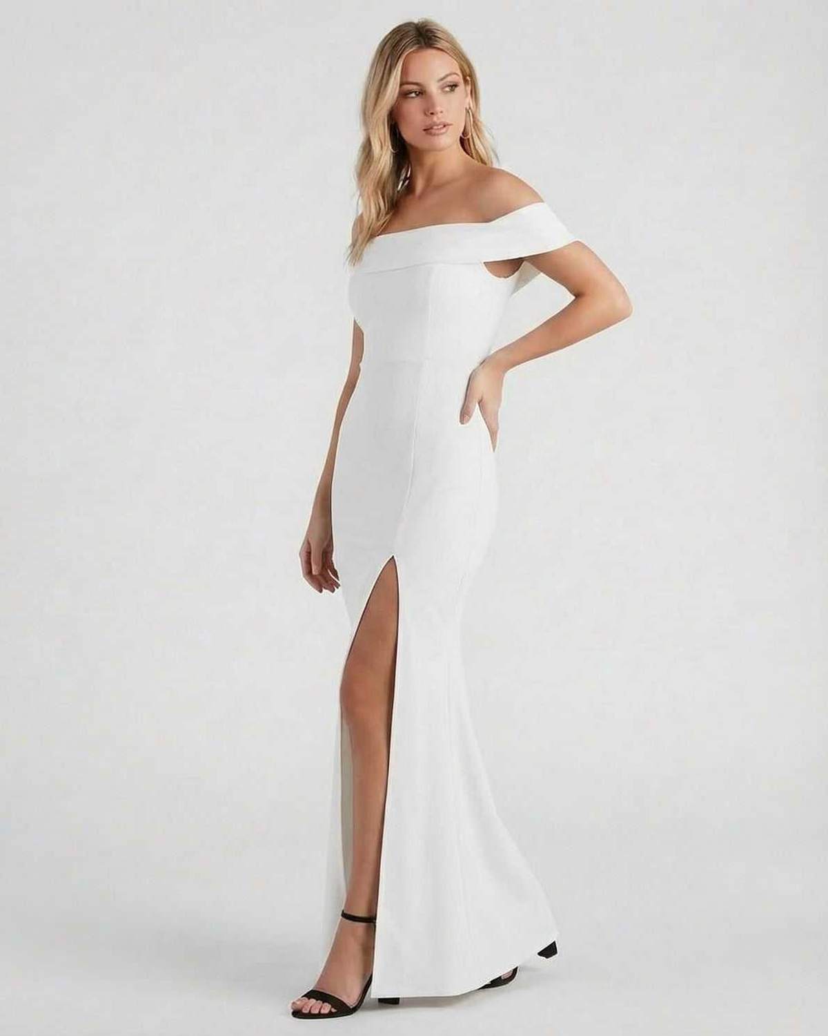 Keva Maxi Dress - White ankle-length off-shoulder dress, chic elegance by RAMBLION. Perfect for special occasions.