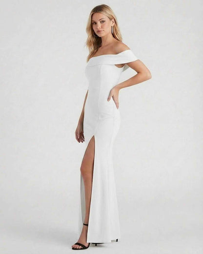 Keva Maxi Dress, off-shoulder style, elegant white, perfect for special occasions, by RAMBLION.