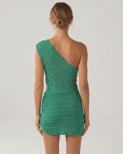 Keva Mini Dress by RAMBLION, one-shoulder design, vibrant green color, perfect for summer occasions.