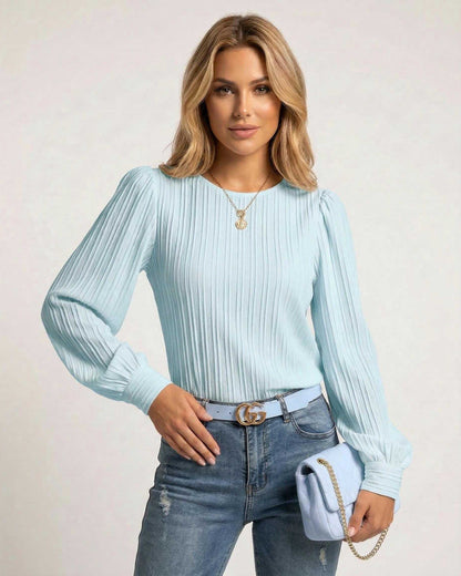 Kima Blouse in light blue, featuring a textured design, soft feel, perfect for casual outings, by RAMBLION.
