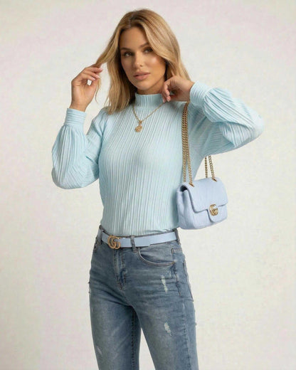 Kima Blouse in light blue with pleated design, stylish for casual outings, by RAMBLION.