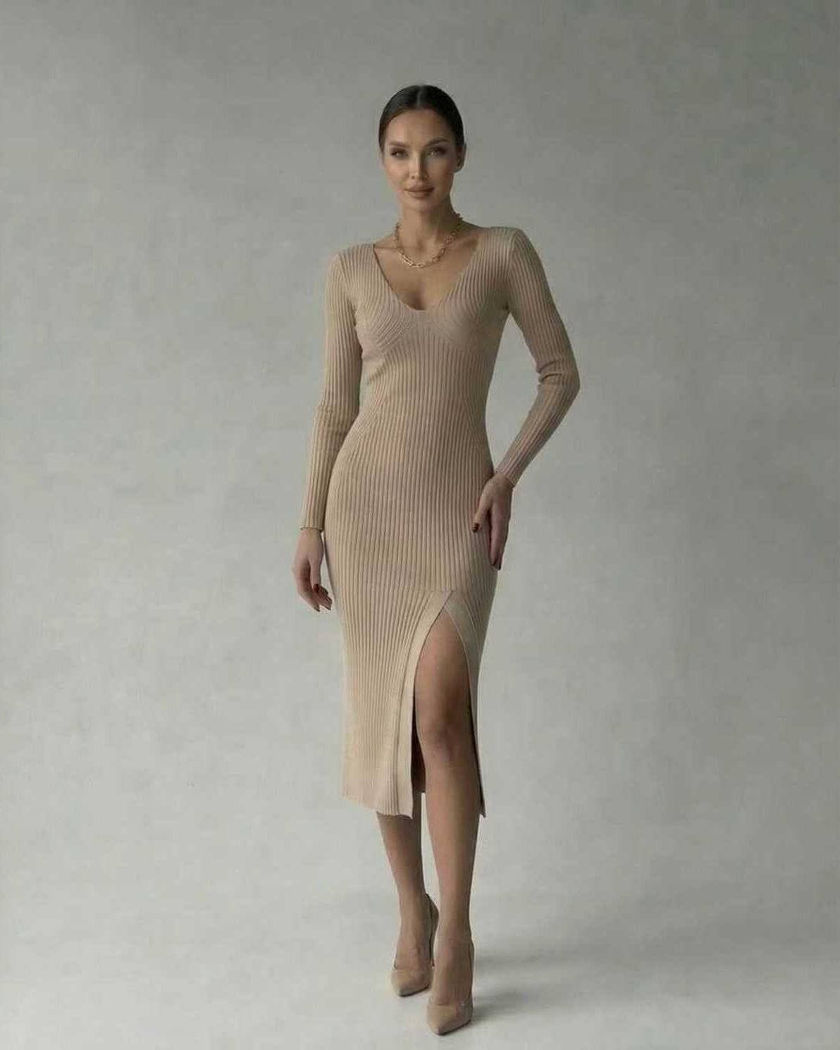 Kira Midi Dress in beige, ribbed knit, V neck, sophisticated style, perfect for any occasion, by RAMBLION.