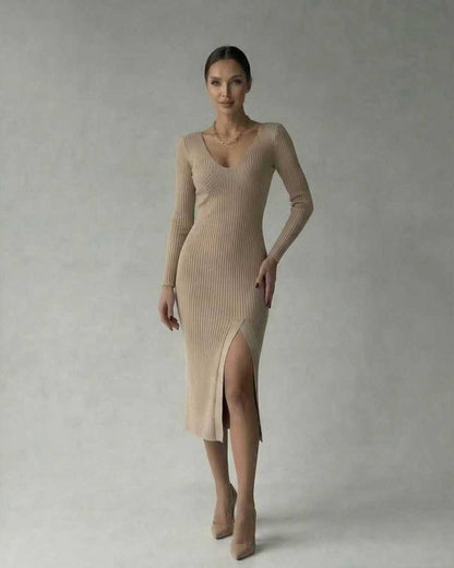 Kira Midi Dress in beige, ribbed knit, V neck, sophisticated style, perfect for any occasion, by RAMBLION.