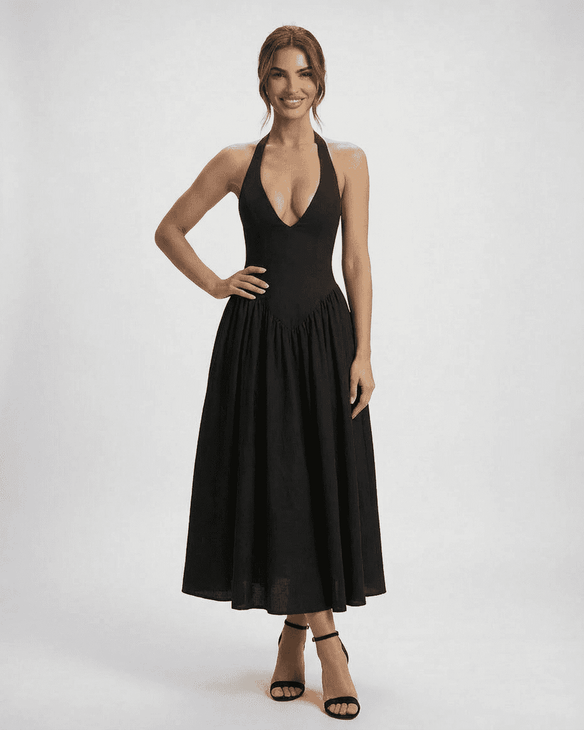Kobe Midi Dress in black, halter neck, backless, elegant evening wear by RAMBLION, perfect for special occasions.