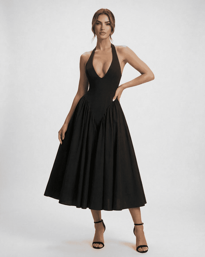 Kobe Midi Dress by RAMBLION, black halter neck, midi-length, elegant evening wear, stylish and comfortable.