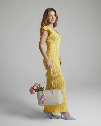 Kola Maxi Dress - Yellow ankle-length, V-neck, 100% cotton, ruffle sleeves, perfect for summer, by RAMBLION.