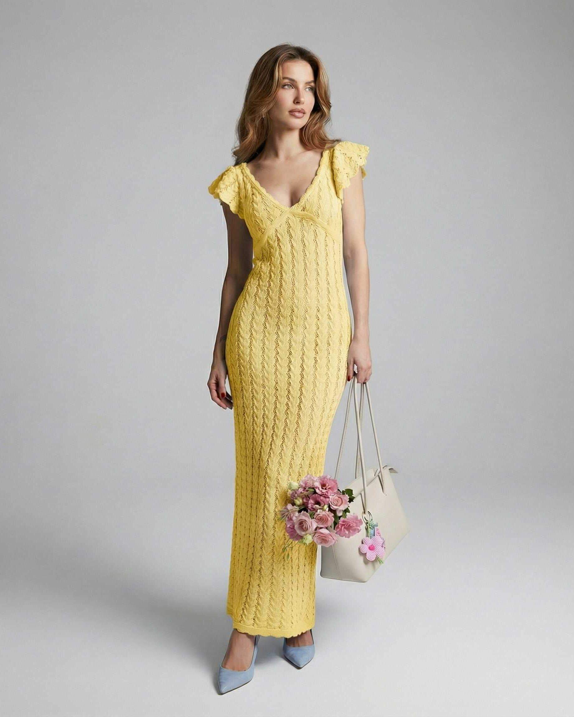 Kola Maxi Dress in vibrant yellow, 100% cotton, V-neck, ruffle sleeves, perfect for summer occasions by RAMBLION.