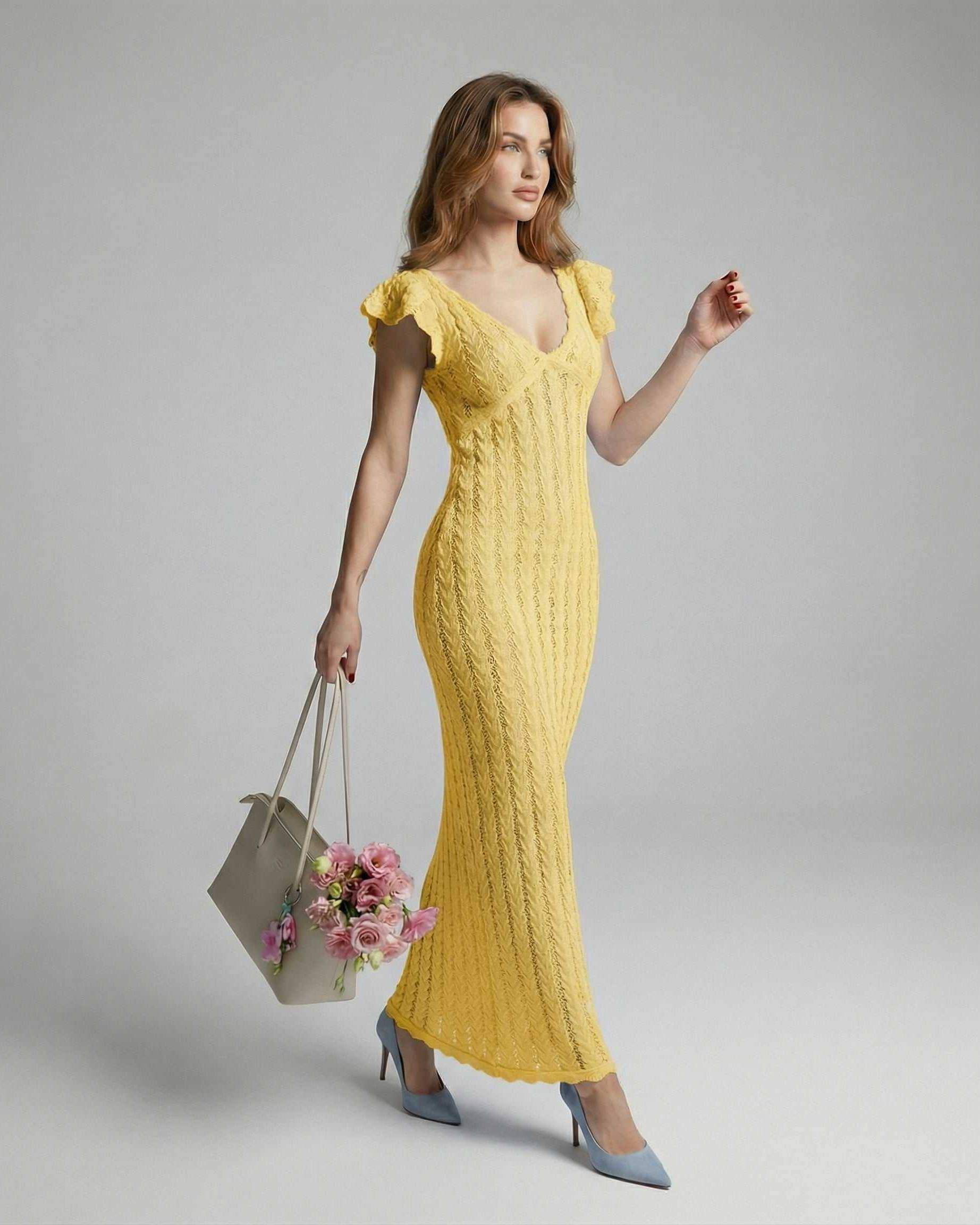 Kola Maxi Dress by RAMBLION: Yellow ankle-length cotton dress with V-neck, ruffle sleeves, perfect for summer occasions.
